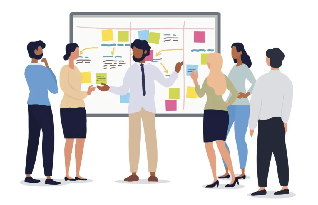 Équipe de six personnes en réunion devant un grand tableau blanc rempli de post-its et schémas, sketch de planification et
